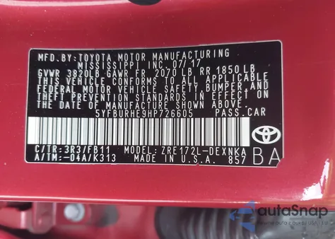 2017 Toyota Corolla Le из США, поврежденный, VIN 5YFBURHE9HP726605